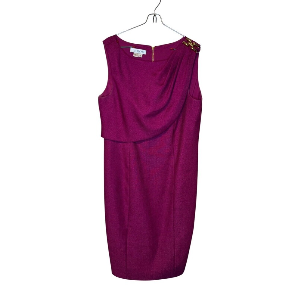 Kay Unger Women Shift Dress Lined Sleeveless Gold Shoulder Fuchsia Pink 14